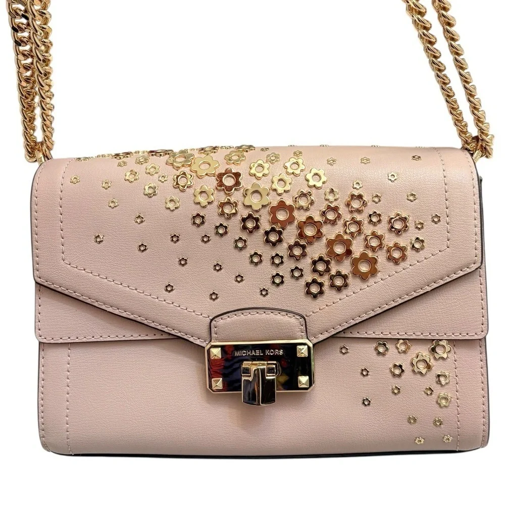 Michael kors pink Kinsley blossom embellished floral crossbody double flap bag